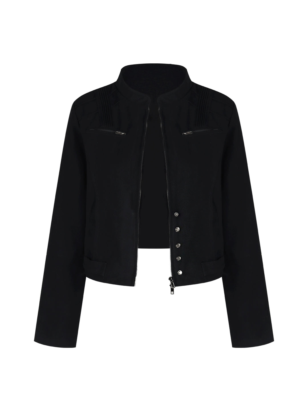 Black Strawberry Double-Zip Short Jacket – Stand Collar Cropped Outerwear (Available in 2 Colors)
