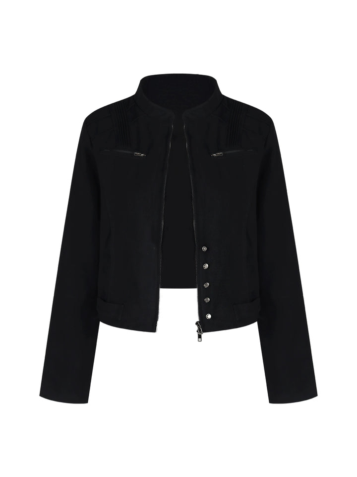 Black Strawberry Double-Zip Short Jacket – Stand Collar Cropped Outerwear (Available in 2 Colors)