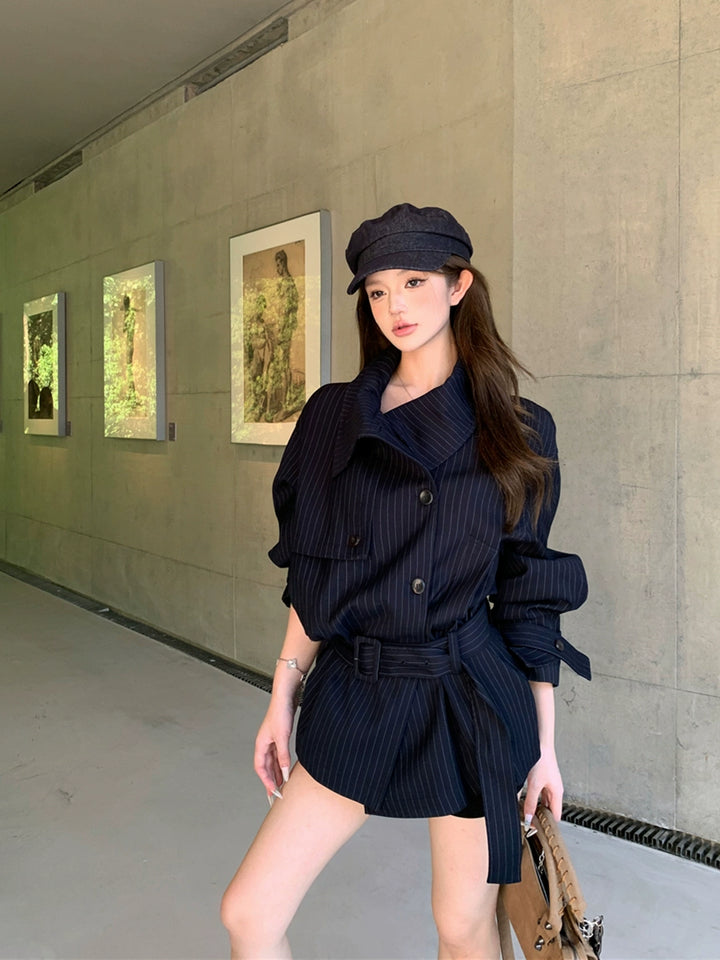 Striped Lapel Trench Coat – Korean Style Loose-Fit Long Jacket