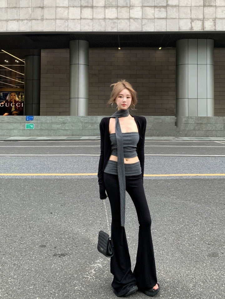 Black Knit Cardigan, Tube Top & Flared Pants Set – Trendy Three-Piece Casual Outfit
