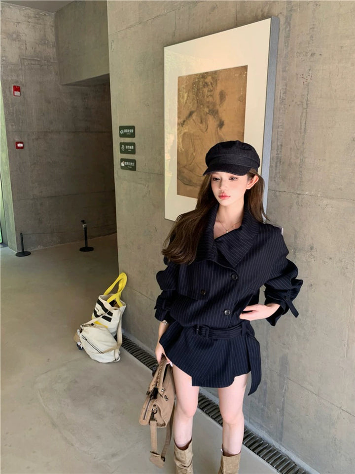 Striped Lapel Trench Coat – Korean Style Loose-Fit Long Jacket