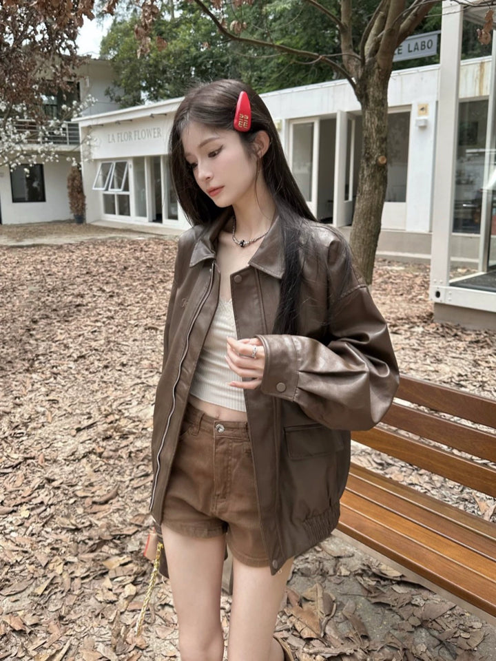 Vintage Brown PU Leather Jacket – Loose-Fit Motorcycle Style Outerwear (Available in 2 Colors)