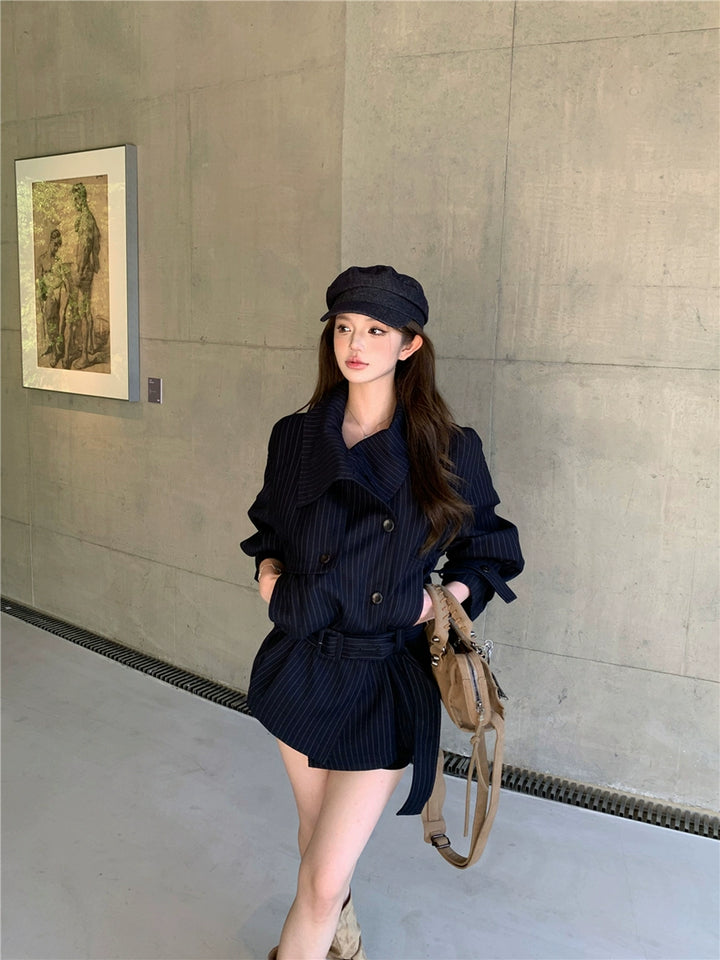 Striped Lapel Trench Coat – Korean Style Loose-Fit Long Jacket