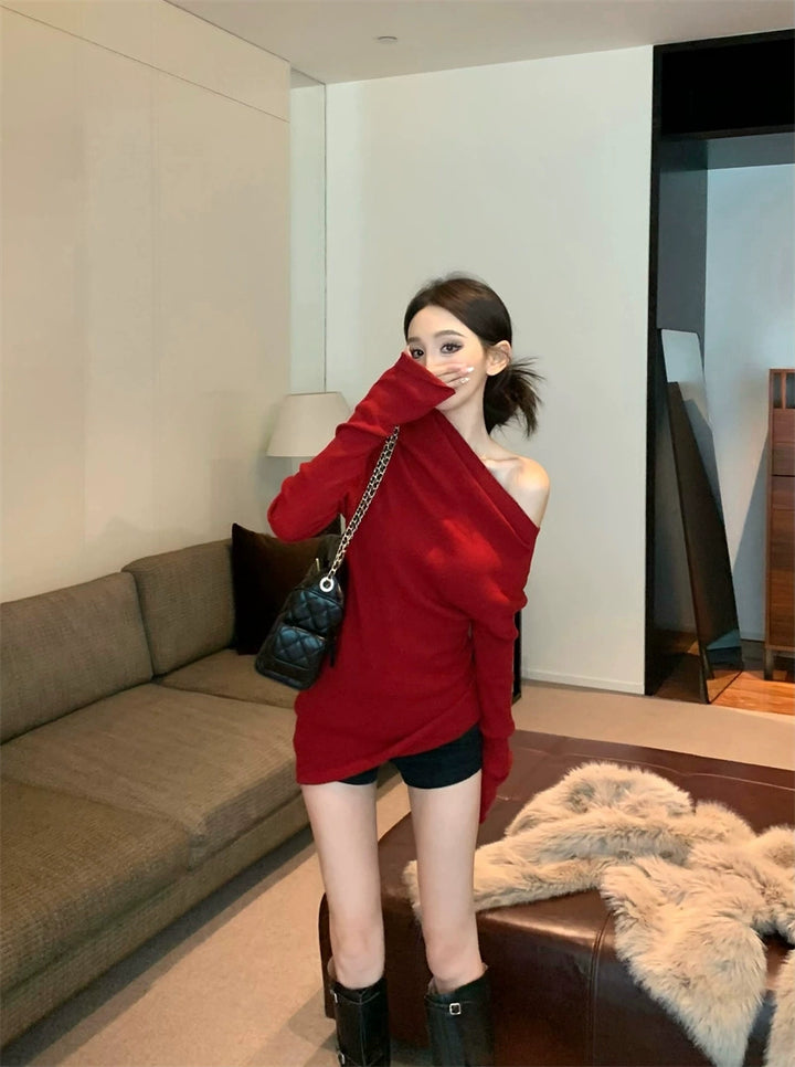 Asymmetric Off-Shoulder Slim Knit Top (Available in 4 Colors)