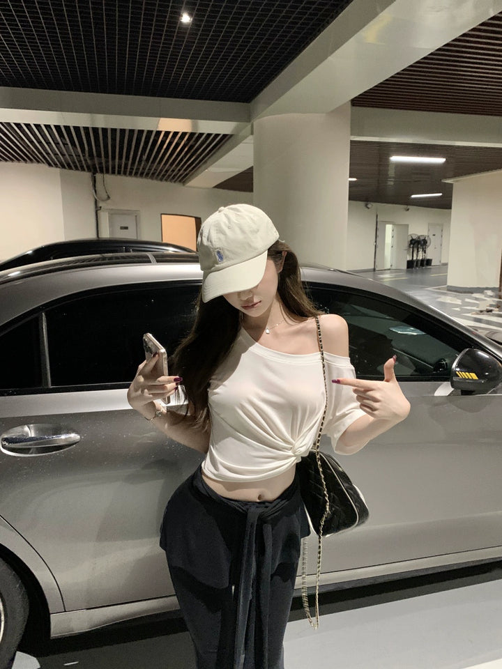 White Twisted Front Crop Tee – Slim-Fit Short Sleeve Top