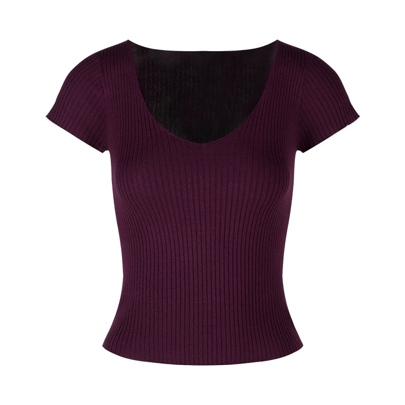 Purple V-Neck Slim Knit Short Sleeve Top – Summer Basic Sexy Waist-Fit Tee(Available in 4 Colors)