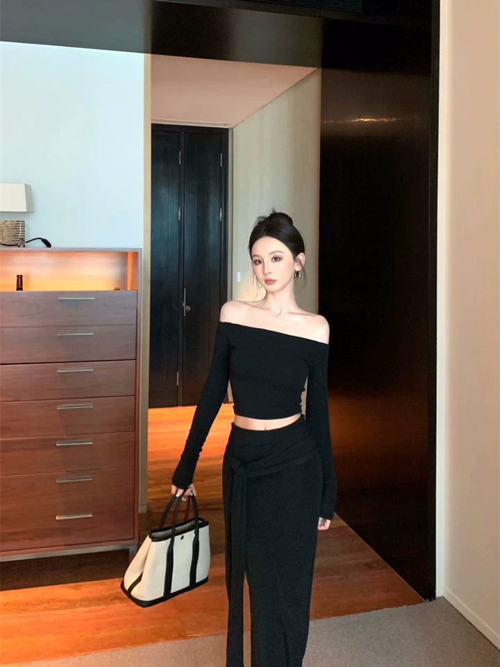 Off-Shoulder Fitted Long-Sleeve Top & Tie-Up Bodycon Skirt Set – Sexy Two-Piece Outfit (Available in 2 Colors)