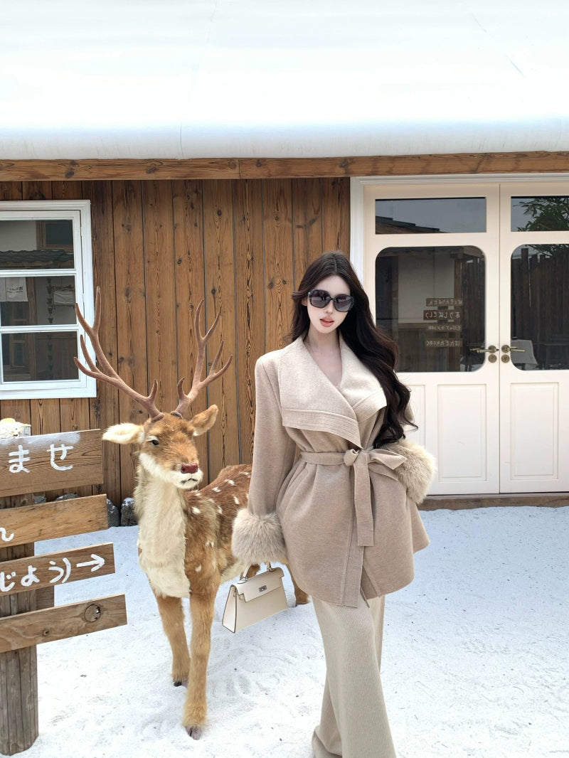 Elegant Belted Faux-Fur Cuff Coat – Mid-Length Soft Vintage Look (Available in 4 Colors)