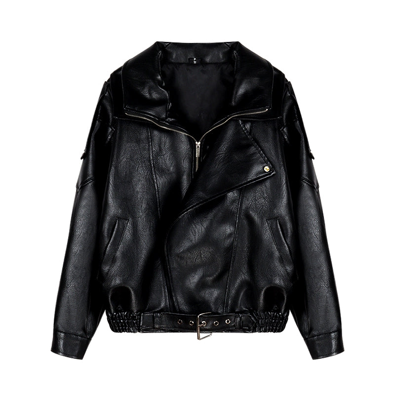 Black Faux Leather Biker Jacket – Vintage Zip-Up PU Moto Coat (Available in 2 Colors)