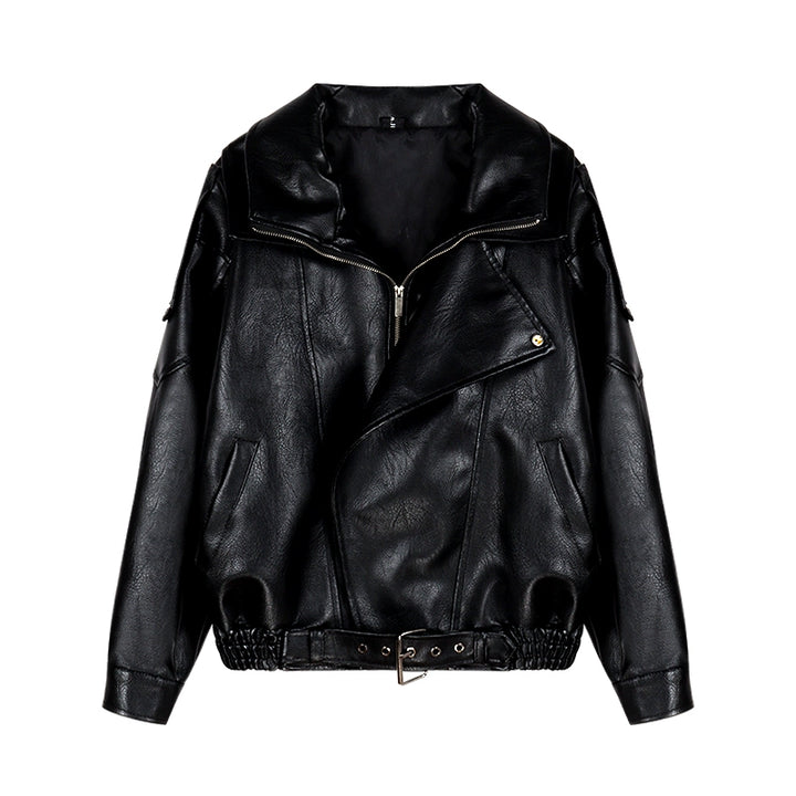 Black Faux Leather Biker Jacket – Vintage Zip-Up PU Moto Coat (Available in 2 Colors)