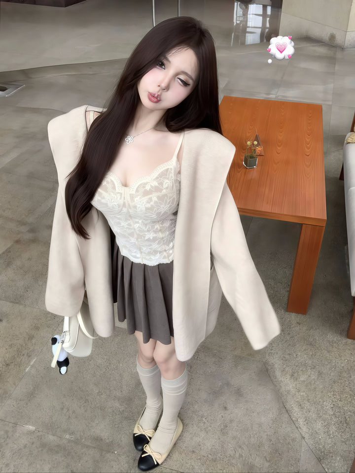 杏色連帽針織開襟衫套裝 – 柔軟寬鬆三件套裝（4色可選）