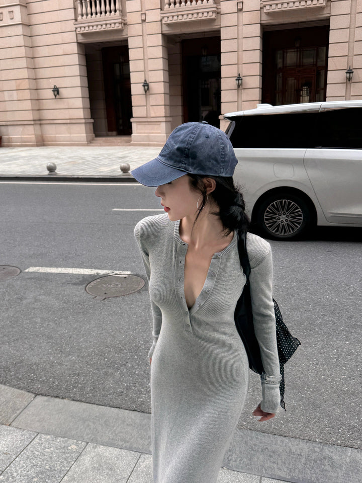 Gray Knit Long Sleeve Bodycon Maxi Dress – Elegant Slim Fit Autumn Dress (Available in 3 Colors)