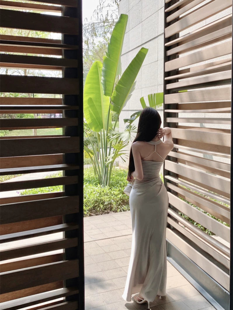 Satin Halter Backless Mesh Panel Mermaid Maxi Dress – Pure Desire Style (Available in 2 Colors)