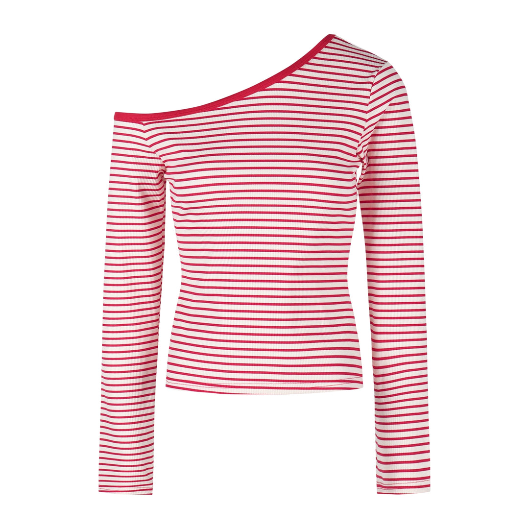 Pink Striped Off-Shoulder Long Sleeve Crop Top – Slim-Fit Waist Hugging Tee