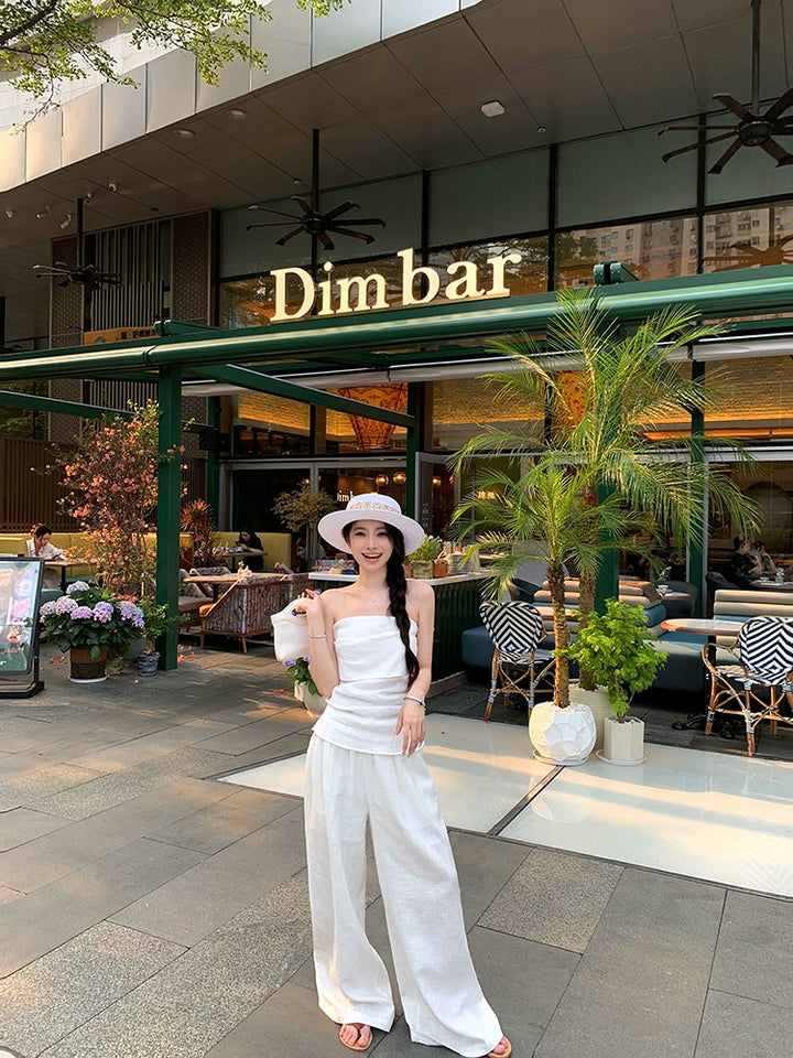 White Linen Strapless Crop Top & Wide-Leg Pants Set – Elegant Summer Two-Piece Outfit (Available in 2 Colors)