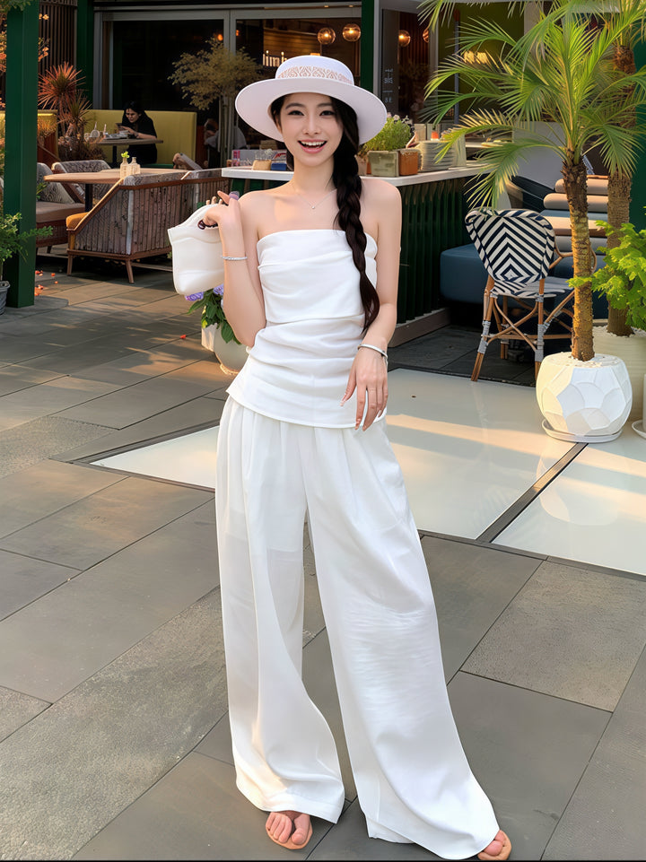 白色亚麻露肩短款上衣和阔腿裤套装 - 优雅夏季两件套（2 种颜色可选）