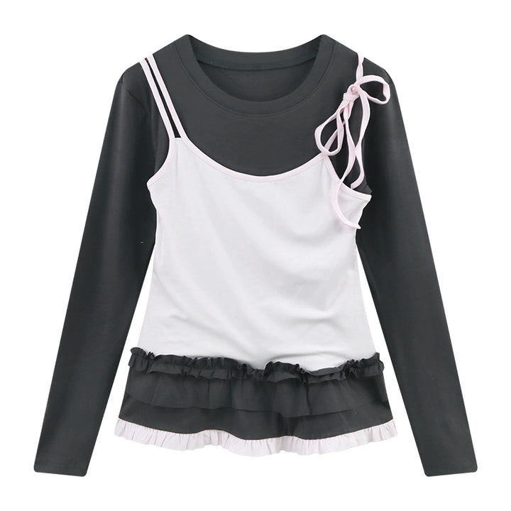Korean Faux Two-Piece Long Sleeve Top with Lace Hem – Slim Fit Spring Cami Layered Style (Available in 2 Colors)