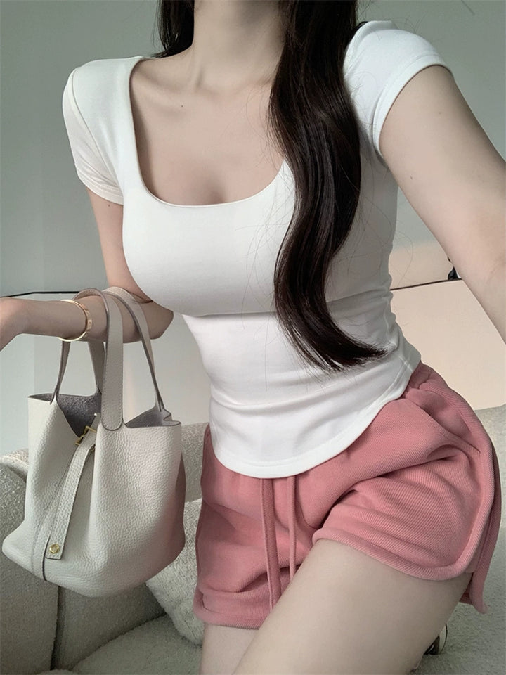U-Neck Slim Fit Short Sleeve Top with Curved Hem – Sexy Korean Pure Desire Style