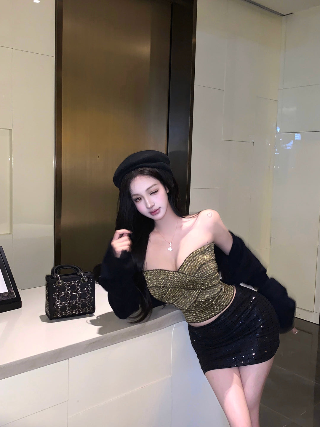 Black Knit Cardigan, Tube Top & Bodycon Skirt Set – Elegant Three-Piece Outfit