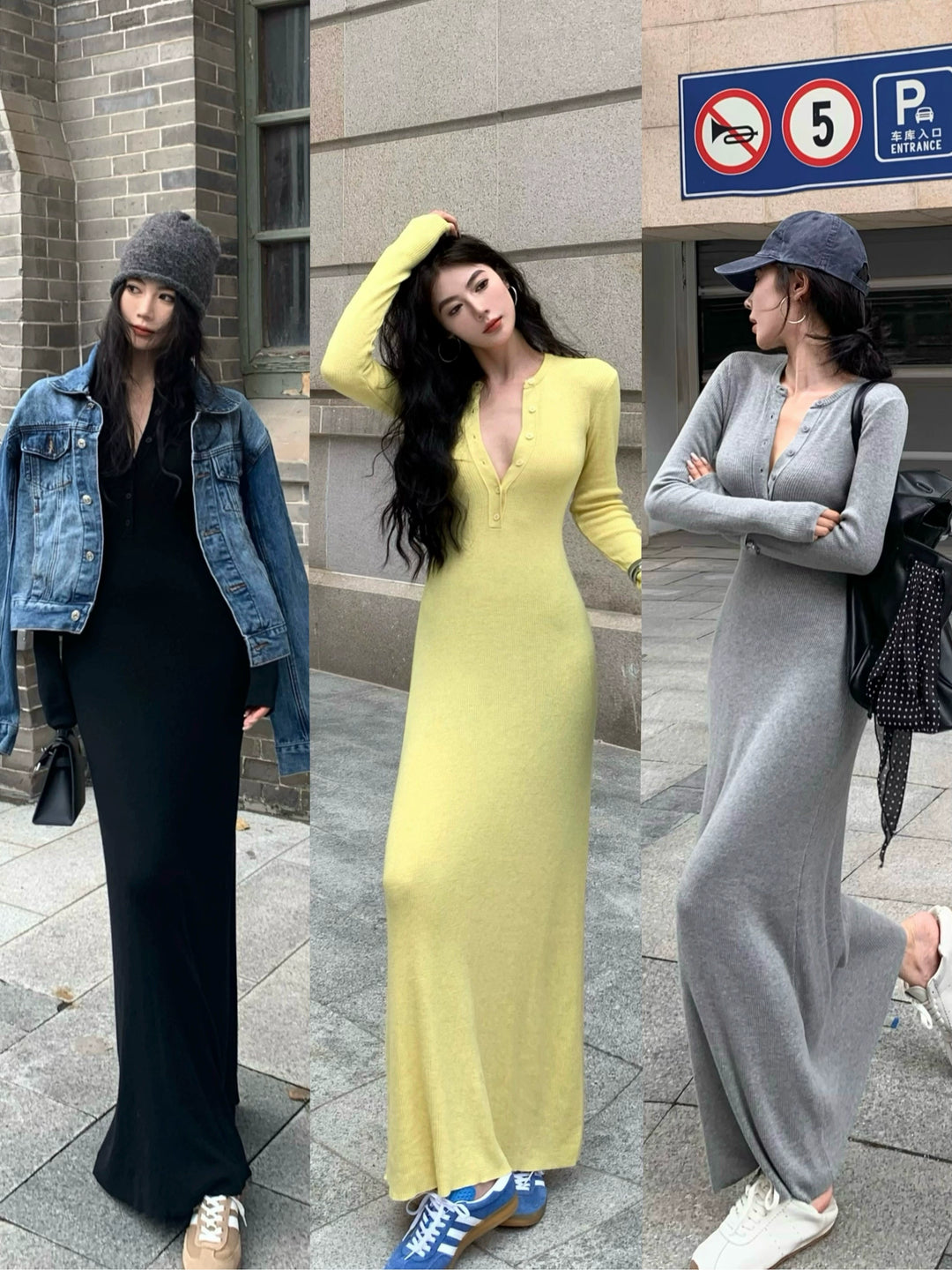 Gray Knit Long Sleeve Bodycon Maxi Dress – Elegant Slim Fit Autumn Dress (Available in 3 Colors)