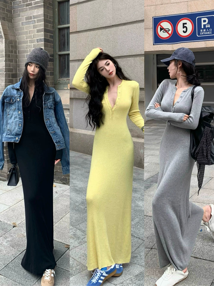 Gray Knit Long Sleeve Bodycon Maxi Dress – Elegant Slim Fit Autumn Dress (Available in 3 Colors)