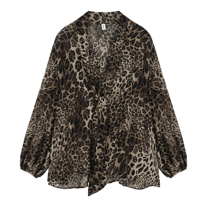 French Leopard Print V-Neck Chiffon Shirt – Retro Loose Fit Sun Protection Blouse