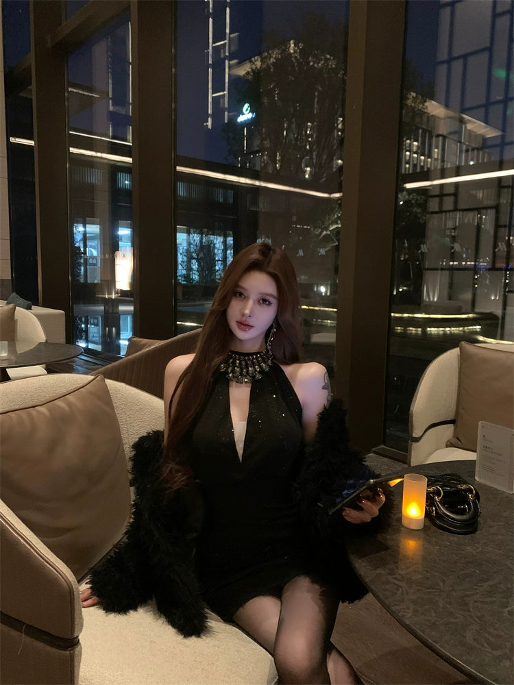 Black Rhinestone Halter Mini Dress – Backless Bodycon Party Dress