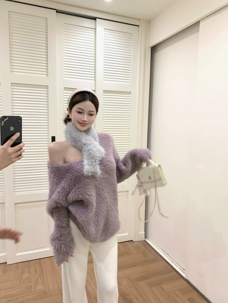 Cozy Off-Shoulder Fuzzy Knit Sweater (Available in 4 Colors)