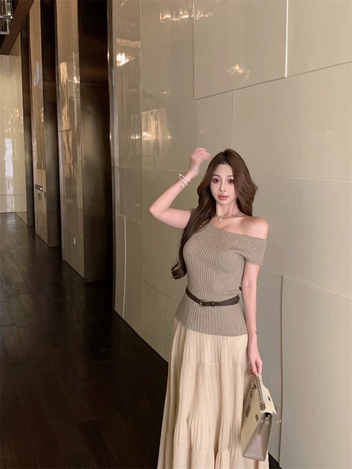 Off-Shoulder Fitted Knit Tee & High-Waist A-Line Maxi Skirt Set – Summer Two-Piece Outfit