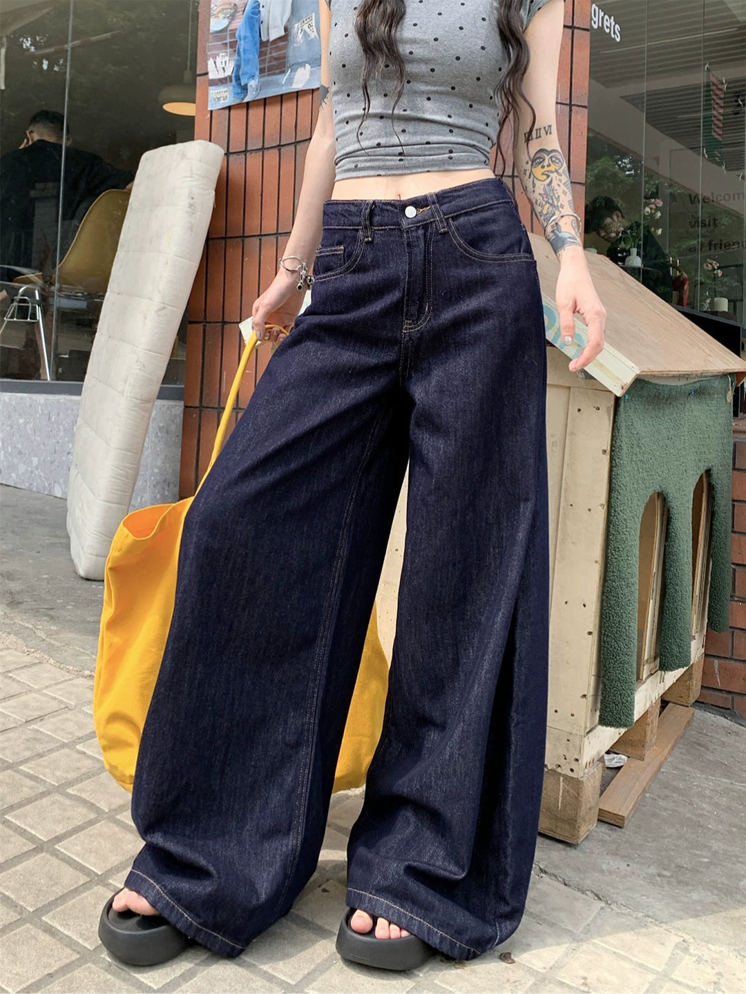 Deep Blue High-Waist Wide-Leg Jeans – Vintage Loose Straight Pants for Women