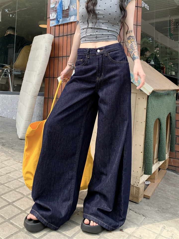 Deep Blue High-Waist Wide-Leg Jeans – Vintage Loose Straight Pants for Women