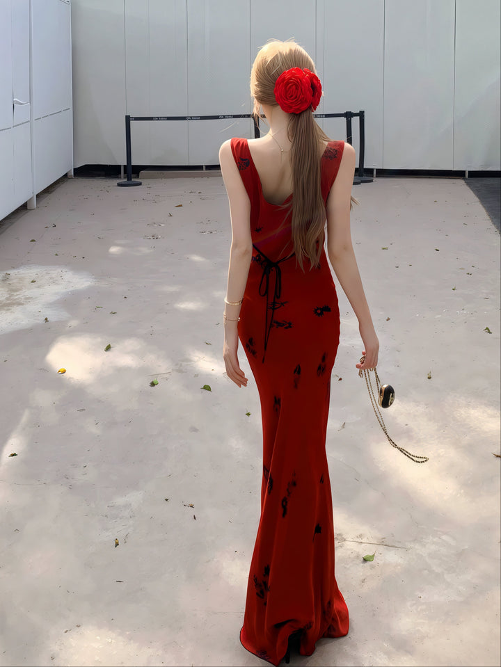 Vintage Red Floral V-Neck Fishtail Maxi Dress – Elegant Slim Fit Summer Camisole Dress