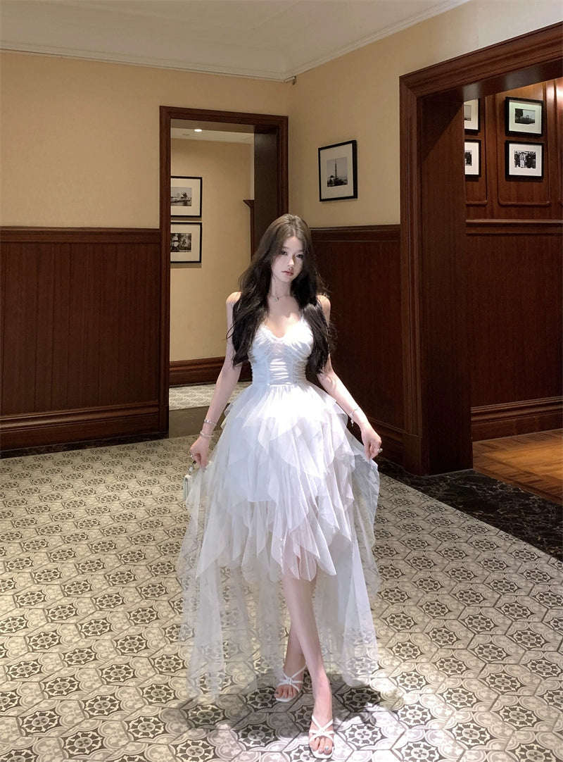 French White Mesh Strap Long Dress – Elegant A-Line Waist Slimming Gown