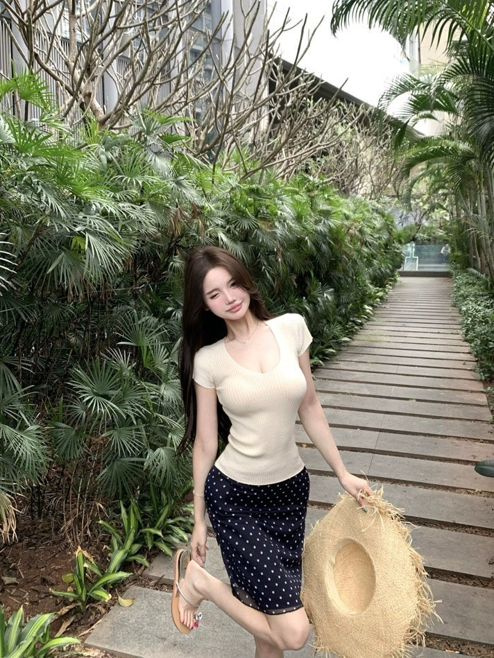 Purple V-Neck Slim Knit Short Sleeve Top – Summer Basic Sexy Waist-Fit Tee(Available in 4 Colors)