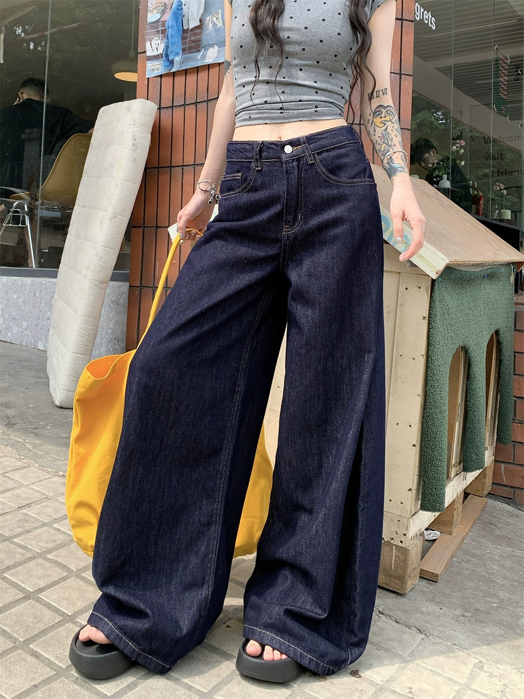Deep Blue High-Waist Wide-Leg Jeans – Vintage Loose Straight Pants for Women