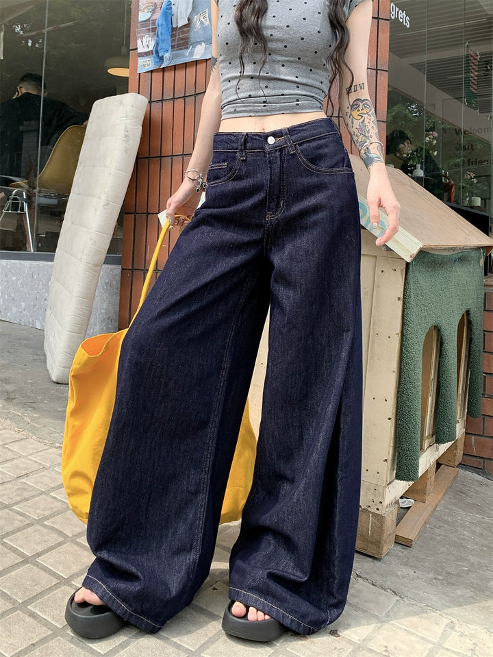 Deep Blue High-Waist Wide-Leg Jeans – Vintage Loose Straight Pants for Women