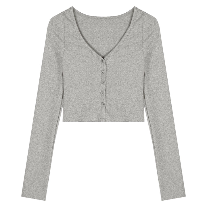 V-Neck Long Sleeve Cropped Tee – Slim-Fit Retro K-Fashion Top (Available in 2 Colors)