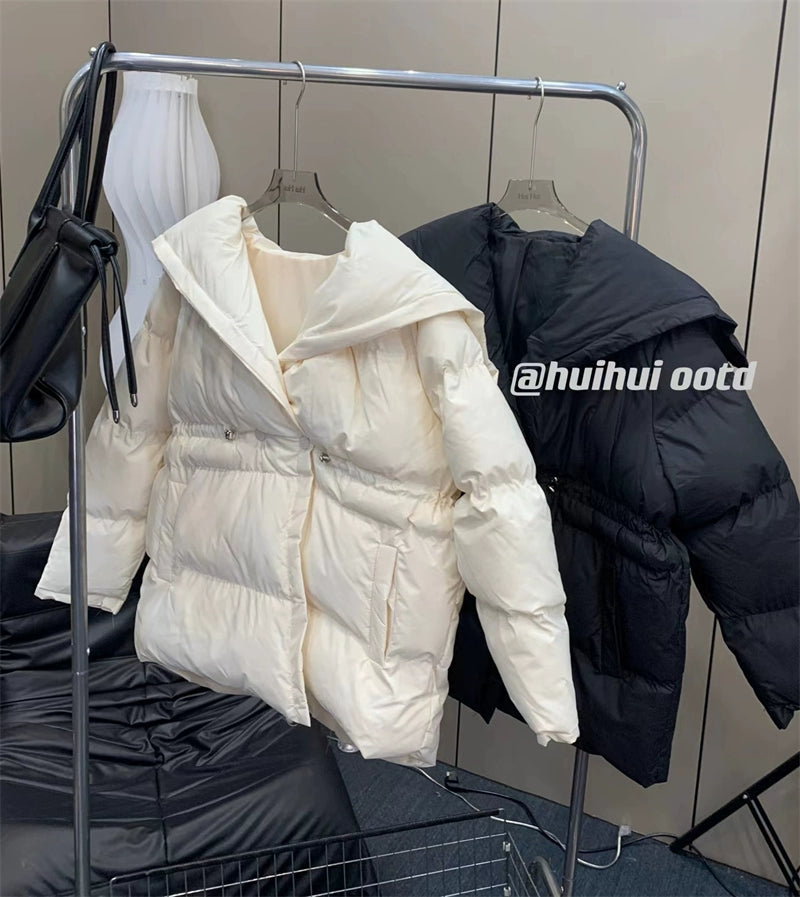 Black Puffer Cotton Jacket – Mid-Length Drawstring Winter Coat (Available in 2 Colors)