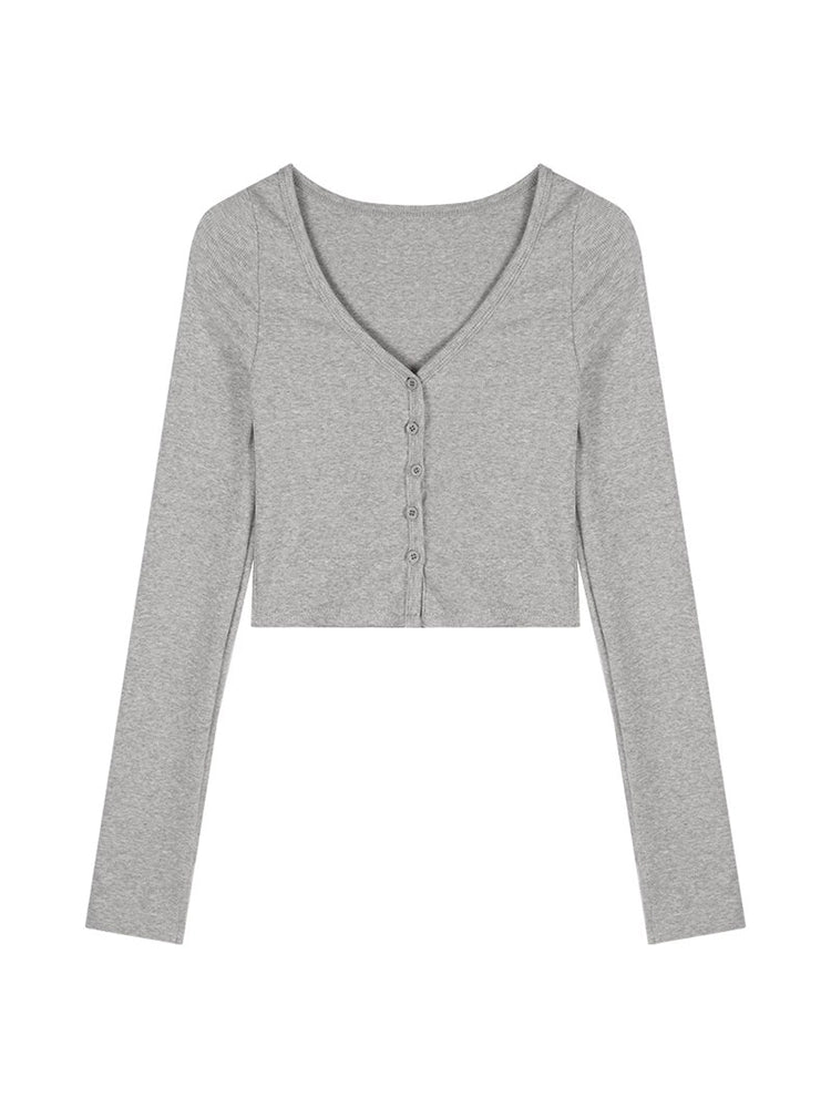 V-Neck Long Sleeve Cropped Tee – Slim-Fit Retro K-Fashion Top (Available in 2 Colors)