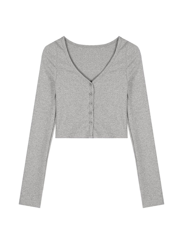 V-Neck Long Sleeve Cropped Tee – Slim-Fit Retro K-Fashion Top (Available in 2 Colors)