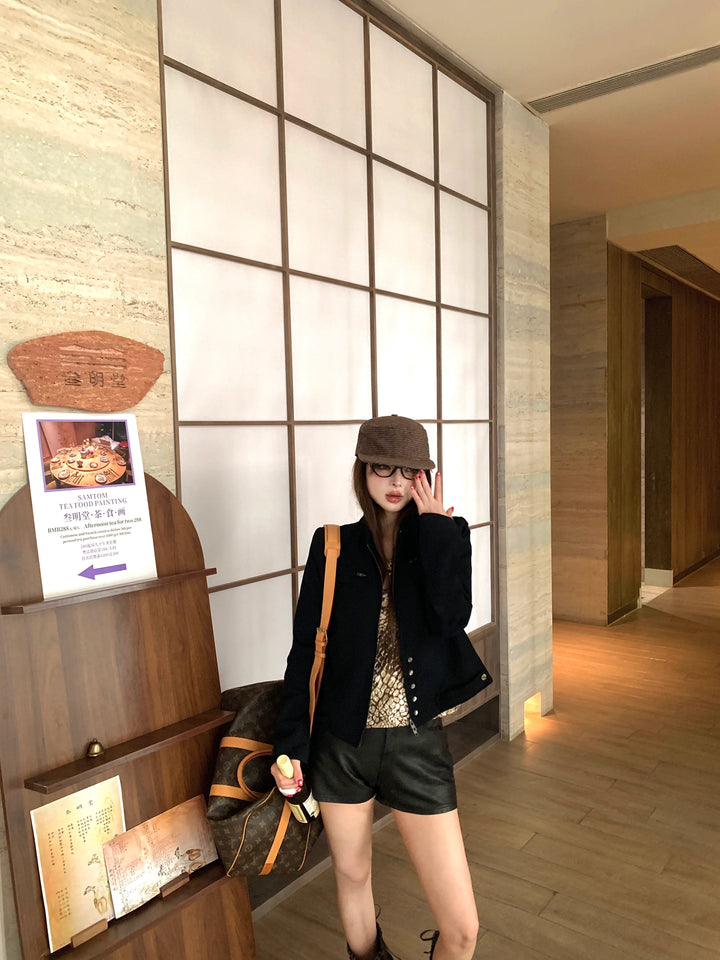 Black Strawberry Double-Zip Short Jacket – Stand Collar Cropped Outerwear (Available in 2 Colors)