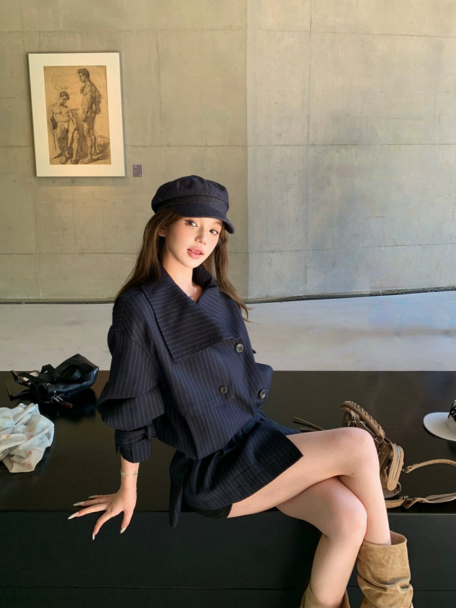 Striped Lapel Trench Coat – Korean Style Loose-Fit Long Jacket