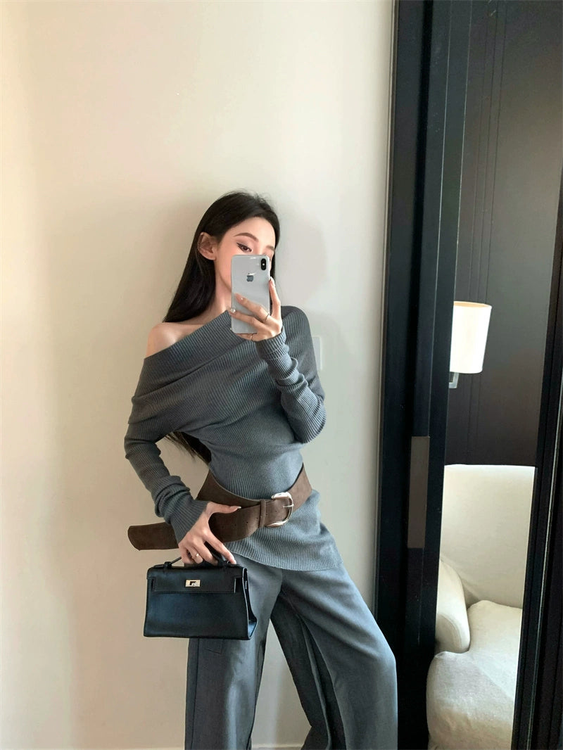 Asymmetric Off-Shoulder Slim Knit Top (Available in 4 Colors)