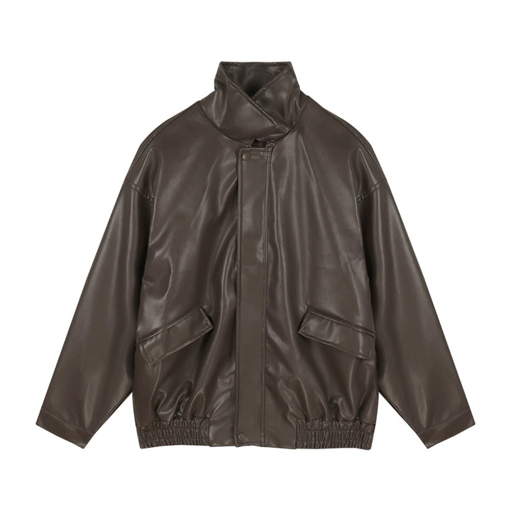 Vintage Brown PU Leather Jacket – Loose-Fit Motorcycle Style Outerwear (Available in 2 Colors)