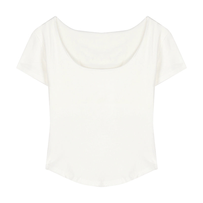 U-Neck Slim Fit Short Sleeve Top with Curved Hem – Sexy Korean Pure Desire Style