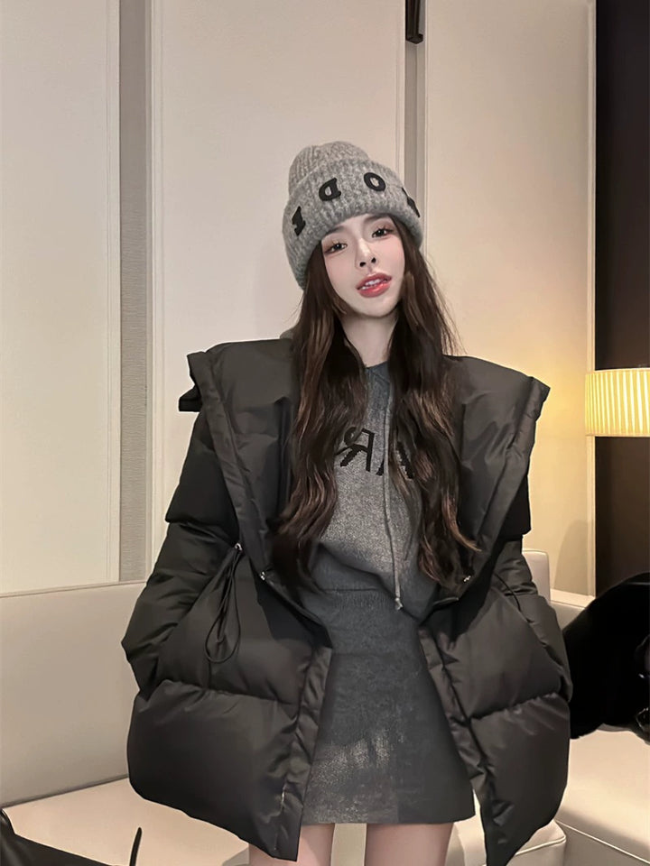 Black Puffer Cotton Jacket – Mid-Length Drawstring Winter Coat (Available in 2 Colors)
