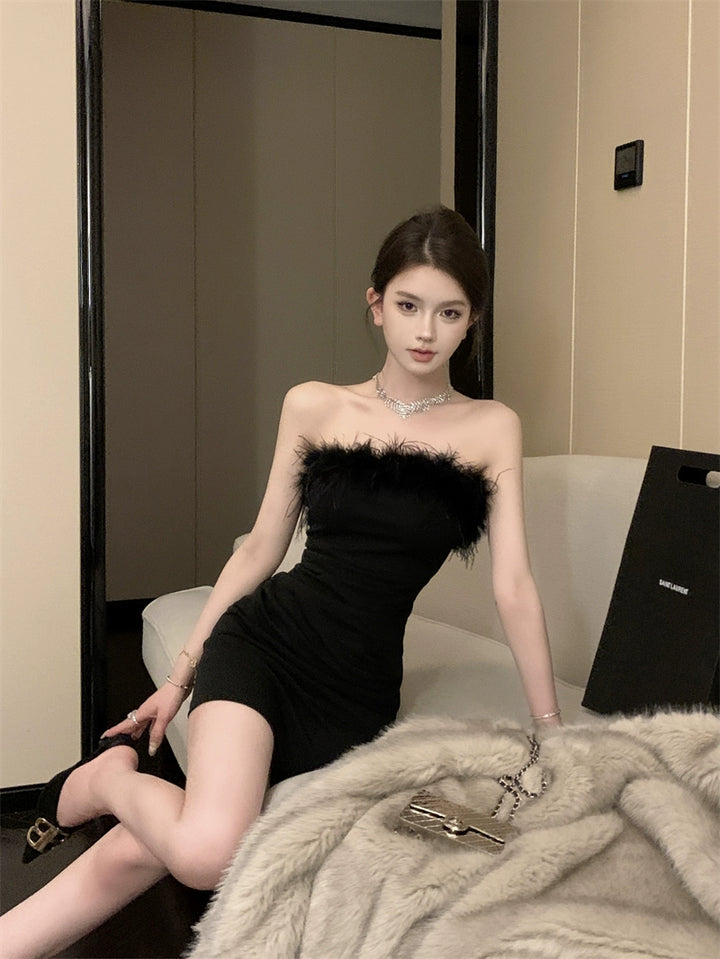 Off-Shoulder Feather Tube Mini Dress – Elegant Party Bodycon Dress (Available in 3 Colors)