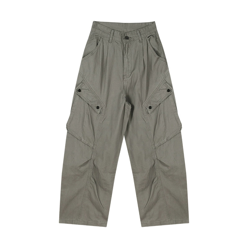 Army Green Cargo Denim Pants – Vintage High-Waist Wide-Leg Jeans with Utility Pockets