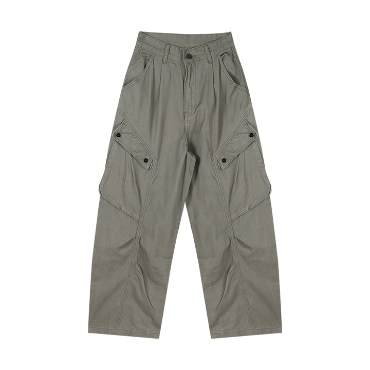 Army Green Cargo Denim Pants – Vintage High-Waist Wide-Leg Jeans with Utility Pockets