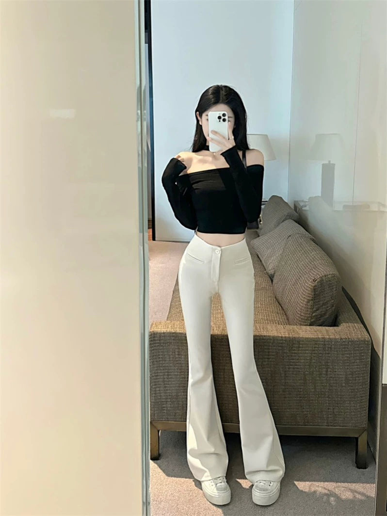 Black Flared Slim-Fit Trousers – High-Waist Stretch Dress Pants (Available in 2 Colors)